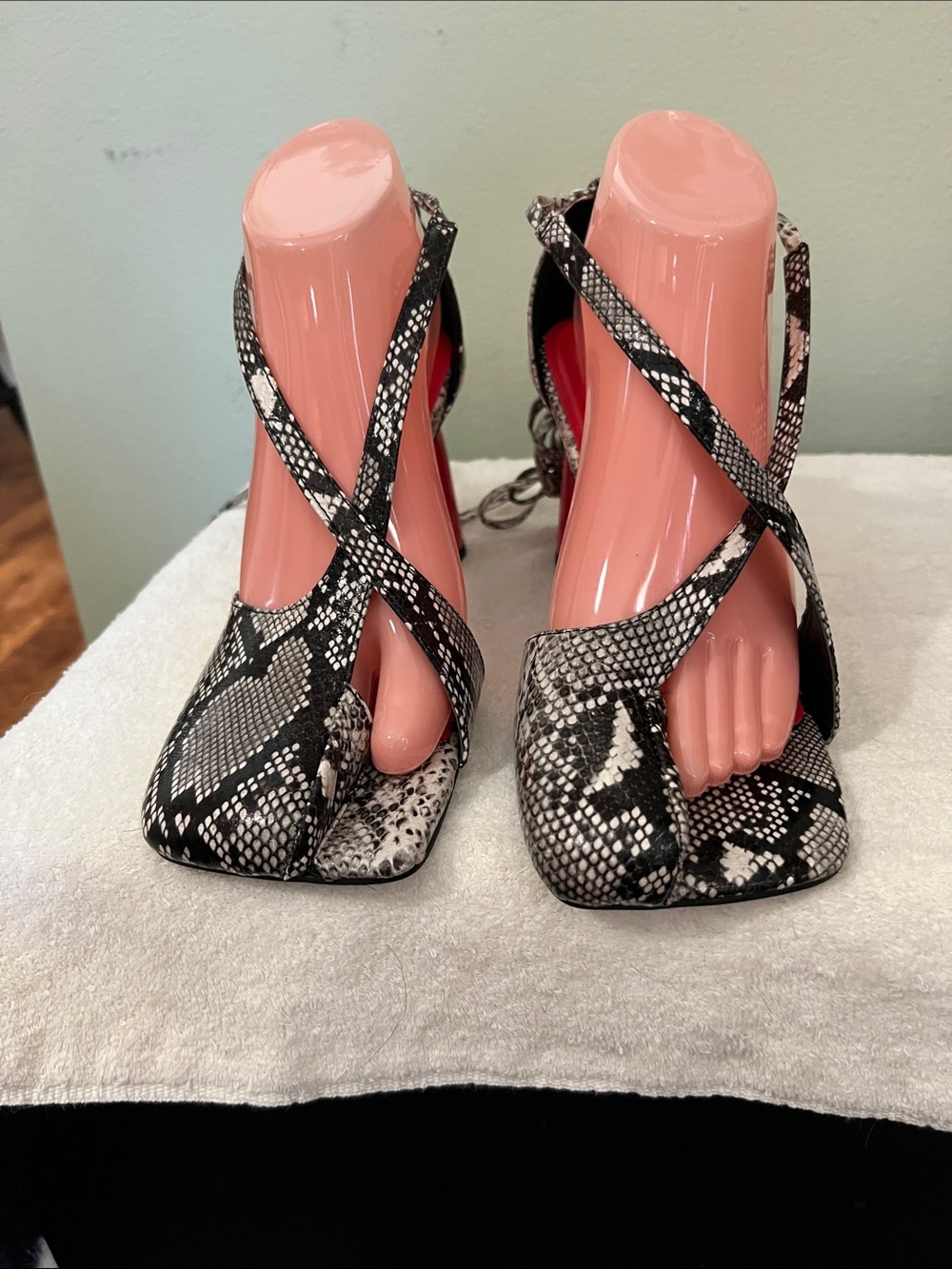 Women’s Snake-Print Strappy Square-Toe Heels - Black gray and white size 8.5